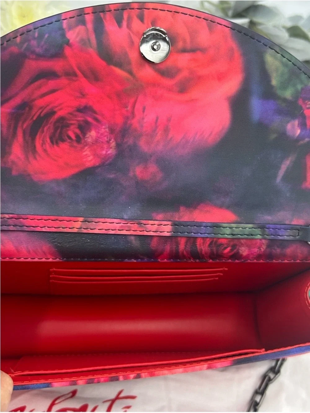 Women’s Christian Louboutin LOUBI 54 floral satin clutch/Crossbody made in Italy